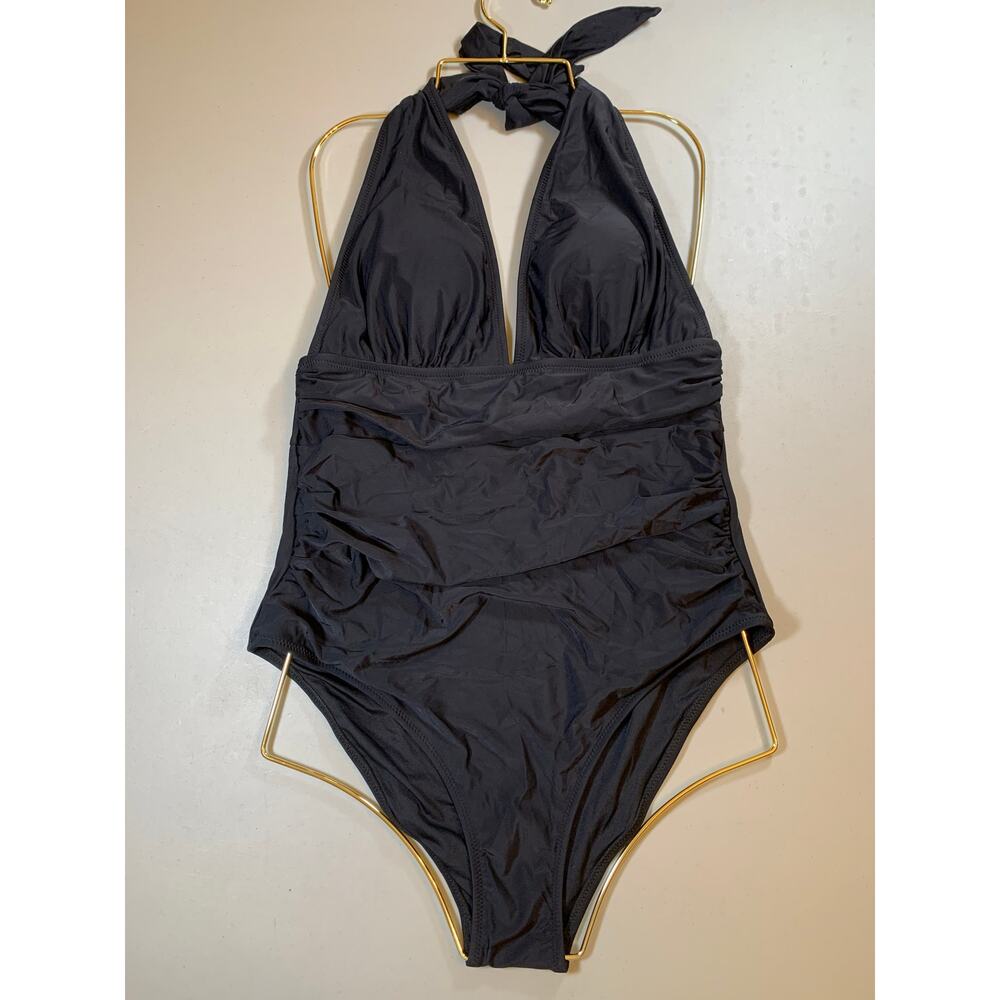 NWT Cupshe Black Halter One Piece Swimsuit Sz Large | Deep V Ruched Bathing Suit